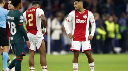 Jurrien Timber of Ajax, Owen Wijndal of Ajax during the UEFA Champions League groep A match between Ajax Amsterdam and Liverpool FC in the Johan Cruijff ArenA on 26 october 2022 in Amsterdam, Netherlands.