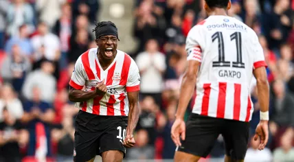 Noni Madueke of PSV Eindhoven celebrates the 3-0 during the Dutch eredivisie match between PSV Eindhoven and NEC Nijmegen in the Phillips stadium on 30 october 2022 in Eindhoven, Netherlands.