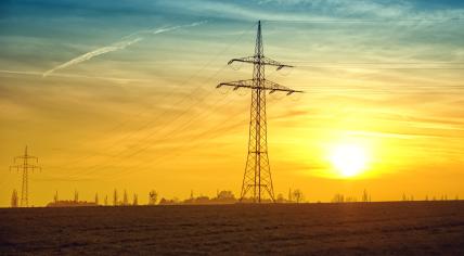 Transmission towers across a field at sunset