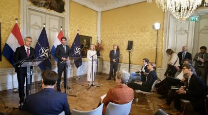 NATO Secretary General Jens Stoltenberg speaks during a press conference with Minister of Foreign Affairs Wopke Hoekstra and Minister of Defence Kajsa Ollongren. 14 November 2022