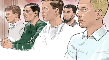 Court room sketch of suspects Kaan B., Sanil B., Hein B., Mees T., and Daan van S. in the Mallorca Case, 17 November 2022