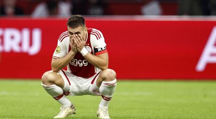 Dusan Tadic of Ajax, Jurrien Timber of Ajax, Calvin Bassey of Ajax disappointed after the Dutch eredivisie match between AFC Ajax and Vitesse in the Johan Cruijff ArenA on 9 november 2022 in Amsterdam, Netherlands.