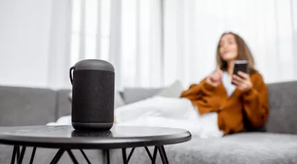 Woman and smart speaker.