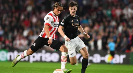 Xavi Simons for PSV on the ball against Arsenal during a Europa League match in Eindhoven. 27 October 2022