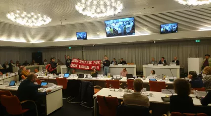 Extinction Rebellion activists protest against blackface Zwarte Piet at a city council meeting in Emmen, 7 November 2022