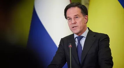 Dutch Prime Minister Mark Rutte speaks to the press after meeting with Ukrainian President Volodymyr Zelenskyy shortly before Russia invaded Ukraine, February 2022