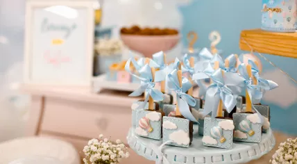 A selection of chocolate pops adorned in blue and pink designs at a baby shower