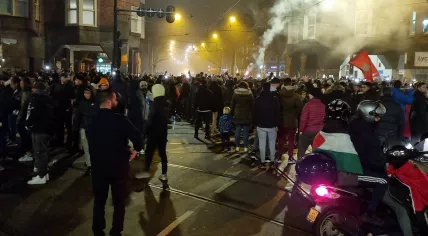 Hundreds of Morocco football supporters fill Mercatorplein in Amsterdam after their team’s victory over Portugal in the World Cup. 10 December 2022