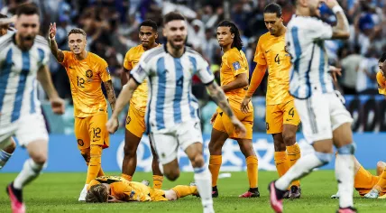 Argentina cheers after winning the penalty shootout during the FIFA World Cup Qatar 2022 quarterfinal match between the Netherlands and Argentina at the Lusail Stadium on December 9, 2022 in Al Daayen, Qatar.