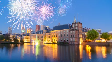 An artist’s impression of fireworks over Parliament buildings in The Hague