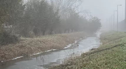 A drainage canal freezing over between Amsterdam and Diemen