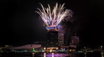 Fireworks above the A'dam Toren in Amsterdam as part of the Sensation - Celebrate Life event in May 2021