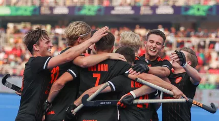 Dutch players celebrate a goal during the FIH Men's Field Hockey World Cup match between the Netherlands and Malaysia in Rourkela, India, 14 January 2023