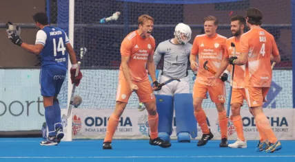 Jip Janssen (2-L) of the Netherlands celebrates a goal during the FIH Men's Field Hockey World Cup match between the Netherlands and Chile in Bhubaneswar, India, 19 January 2023.