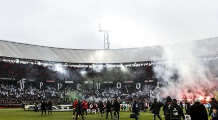 fireworks during the Dutch eredivisie match between Feyenoord and Ajax in Feyenoord Stadium de Kuip on 22 januari 2023 in Rotterdam, Netherlands.