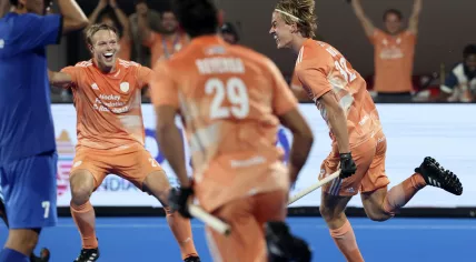 Justen Blok celebrates his 3-0 against South Korea at the quarter finals of the World Cup 