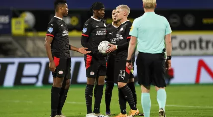 Denzel Dumfries, Noni Madueke, and Philipp Max for PSV Eindhoven before their match at RKC Waalwijk. 19 December 2020