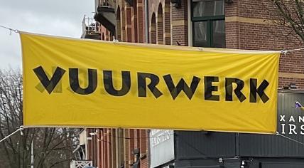 A banner advertising fireworks sales at a shop in Amsterdam. 31 December 2022