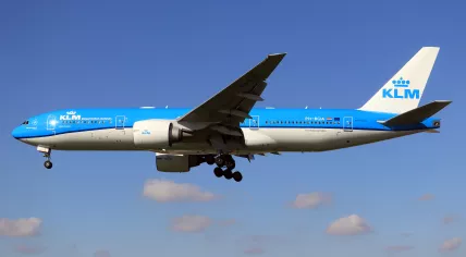 A KLM branded Boeing 777-200ER landing in Toronto in October 2021
