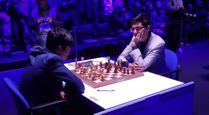 Anish Giri (right) playing in the Tata Steel Chess Tournament in Wijk aan Zee, 19 January 2023