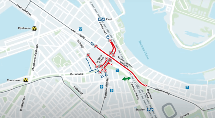 A diagram of streets closed as part of the 18 month renovation of the Roseknoop area in Rotterdam-Zuid