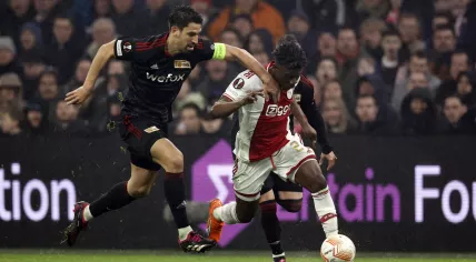 Rani Khedira of 1. FC Union Berlin, Mohammed Kudus of Ajax during the UEFA Europa league play-off match between Ajax Amsterdam and FC Union Berlin in the Johan Cruijff ArenA on 16 February 2023 in Amsterdam, Netherlands.