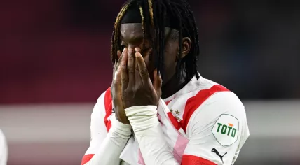Johan Bakayoko of PSV Eindhoven disappointed after the UEFA Europa league play-off match between PSV Eindhoven and Sevilla FC in the Phillips stadium on 23 February 2023 in Eindhoven, Netherlands.