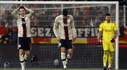 Steven Berghuis of Ajax, Edson Alvarez of Ajax, Ajax goalkeeper Geronimo Rulli disappointed after the 2-0 during the UEFA Europa league play-off match between FC Union Berlin and Ajax Amsterdam in Stadion An der Alten Forsterei on 23 February 2023 in Berlin, Germany. 