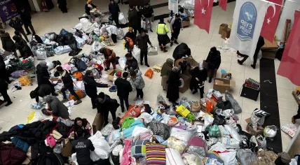 Volunteers and authorities begin collecting supplies in Istanbul for victims of the earthquakes along the Turkey and Syria border on 6 February 2023