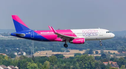 A Wizzair Airbus A320 preparing to land at the Dortmund Airport in Germany in August 2020