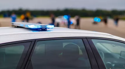 An activated emergency light bar on top of a Dutch police vehicle in 2022 