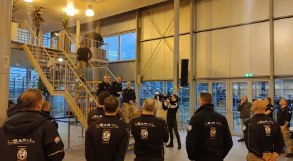 Dutch rescue workers from USAR.nl gets a last talk from their commander before heading to Turkey to help search for victims after massive earthquakes, 6 February 2023