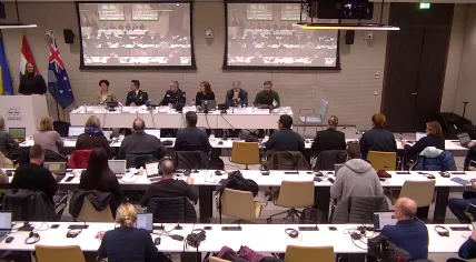 A spokesperson for the Public Prosecution Service in the Netherlands introduces those speaking at a press conference about the investigation into MH17. 8 February 2023