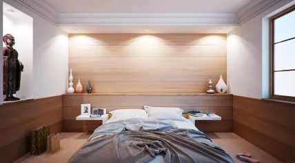 Rumpled sheets in a modern bedroom