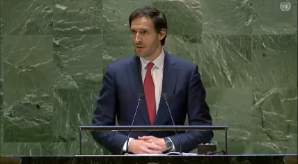 Minister Wopke Hoekstra of Foreign Affairs speaks at the UN General Assembly in New York on the eve of the one year anniversary of Russia invading Ukraine, 23 February 2023