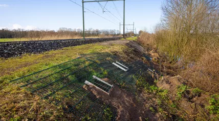 Gates preventing badgers and beavers from returning to a den along the railroad near Esch, Noord-Brabant. 24 March 2023