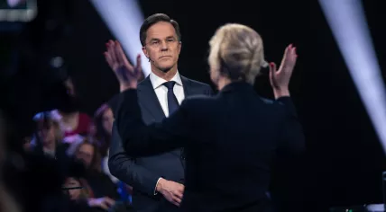 VVD leader Mark Rutte debating with PvdA leader Attje Kuiken in a debate, 12 March 2023