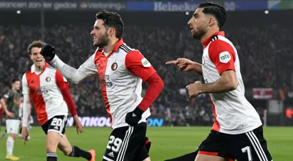 Santiago Gimenez and Alireza Jahanbaksh celebrate the first of Feyenoord’s seven goals against Shakhtar Donetsk in the Europa League. 16 March 2023