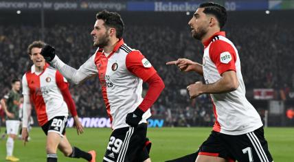 Santiago Gimenez and Alireza Jahanbaksh celebrate the first of Feyenoord’s seven goals against Shakhtar Donetsk in the Europa League. 16 March 2023