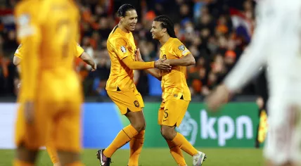 Virgil van Dijk of Holland, Nathan Ake of Holland celebrate the 3-0 during the UEFA EK-qualification match between Nederland and Gibraltar in Feyenoord Stadium de Kuip op 27 march 2023 in Rotterdam, Netherlands.