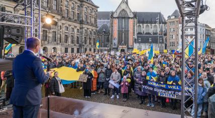 Protestors gathered in Amsterdam call for an end to the war in Ukraine and Russia's withdrawal from that country. 24 Feb. 2023