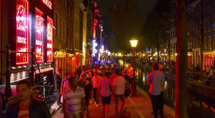 The streets of the Red Light District in Amsterdam packed with tourists on a Thursday night in July 2017