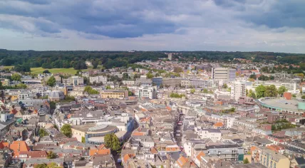 Aerial view of the Arnhem city center, shopping district and Park Sonsbeek in 2018