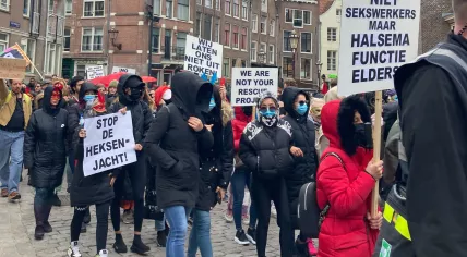 Sex workers march from the Oudekerksplein in Amsterdam to the Stopera in protest of proposed changes in the Red Light District and the construction of the erotic center. 30 March 2023
