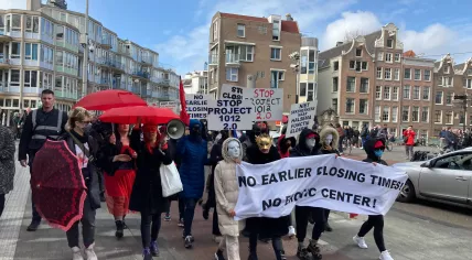 Sex workers march from the Oudekerksplein in Amsterdam to the Stopera in protest of proposed changes in the Red Light District and the construction of the erotic center. 30 March 2023