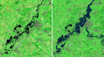 Images from June 16 and July 18 show the extent of flooding near Roermond, Limburg, after heavy rain from July 14-15, 2021