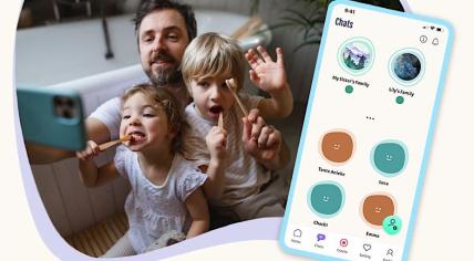 A family playing a teeth brushing game using the Peekabond video messaging app