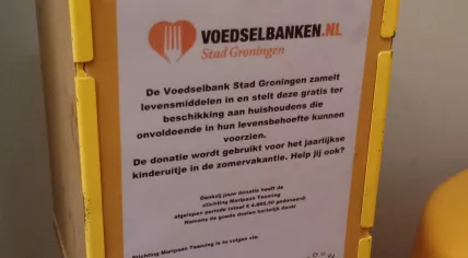 A box at a Jumbo grocery store in Groningen where customers can donate money collected from deposit bottles to the local food bank. 15 June 2019