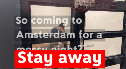 Still image from an Amsterdam marketing video telling young, British men to avoid the city if they want to go crazy. March 2023