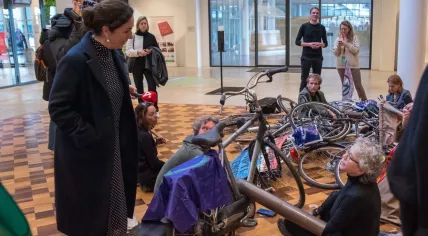Mayor Femke Halsema speaking to Extinction Rebellion activists in the Amsterdam city hall, 30 March 2023